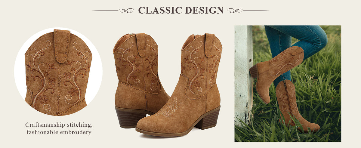 Women's Embroidered Cowboy Boots – Short Shaft with Side Zip