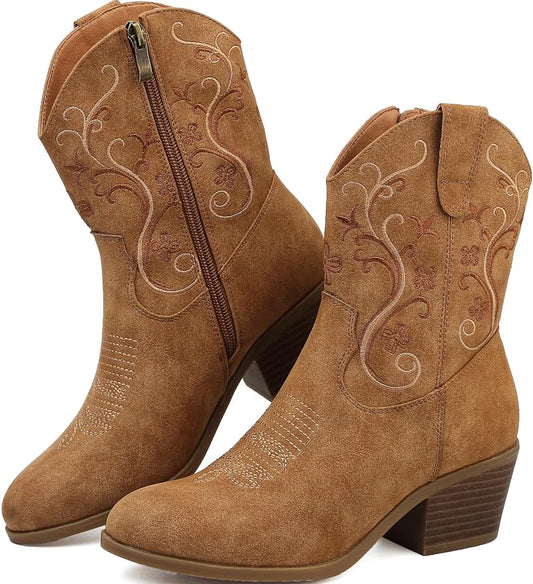 Embroidered Short Shaft Side Zip Women's Cowboy Boots