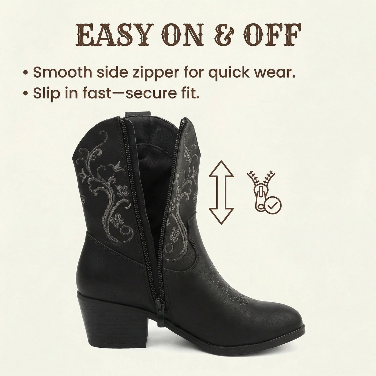 Women's Embroidered Cowboy Boots – Short Shaft with Side Zip