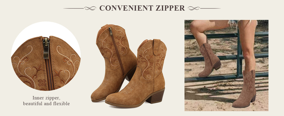 Women's Embroidered Cowboy Boots – Short Shaft with Side Zip